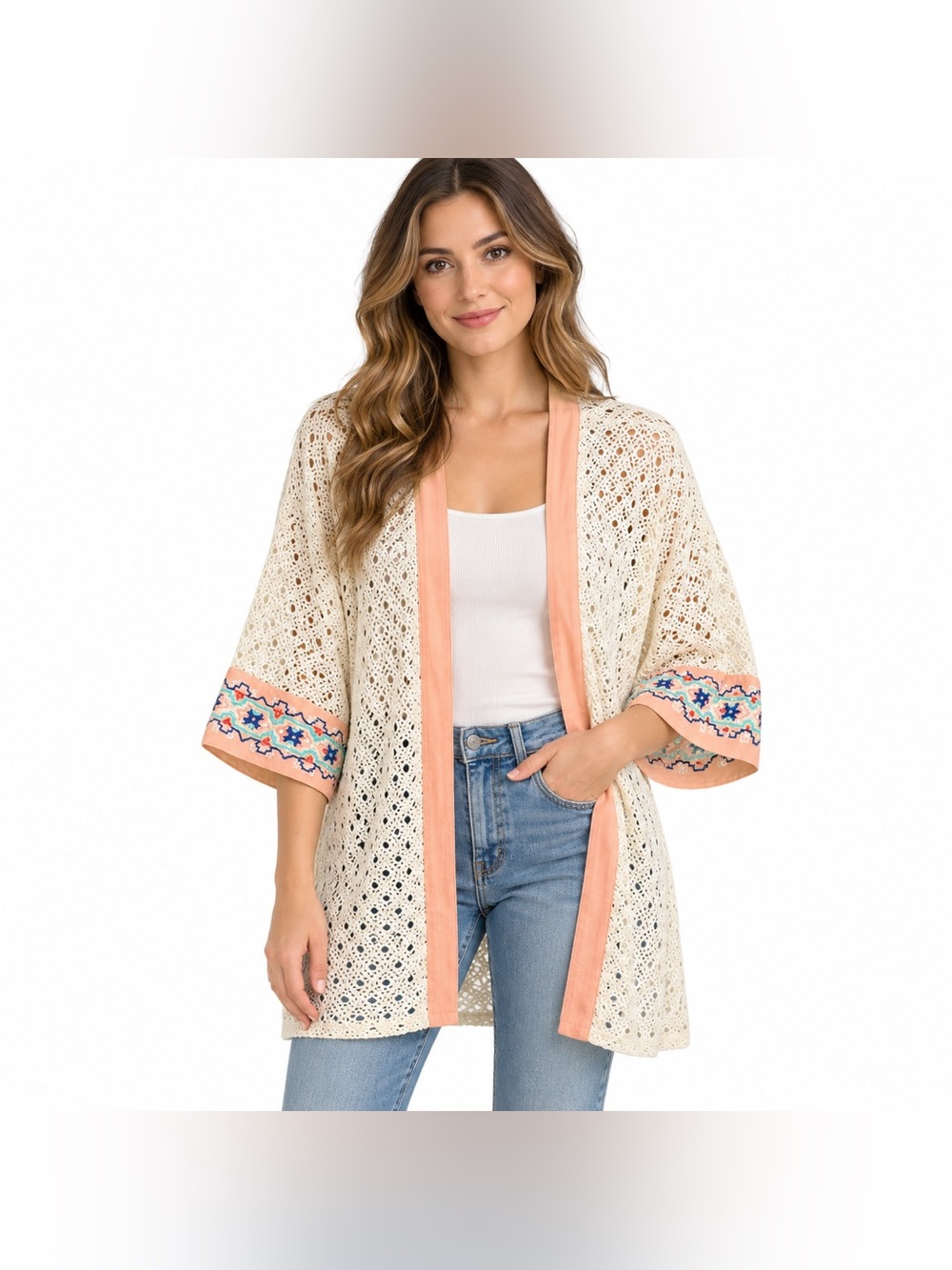Flying Tomato Crochet Kimono M/L Cream Embroidered Boho Open Front Cardigan